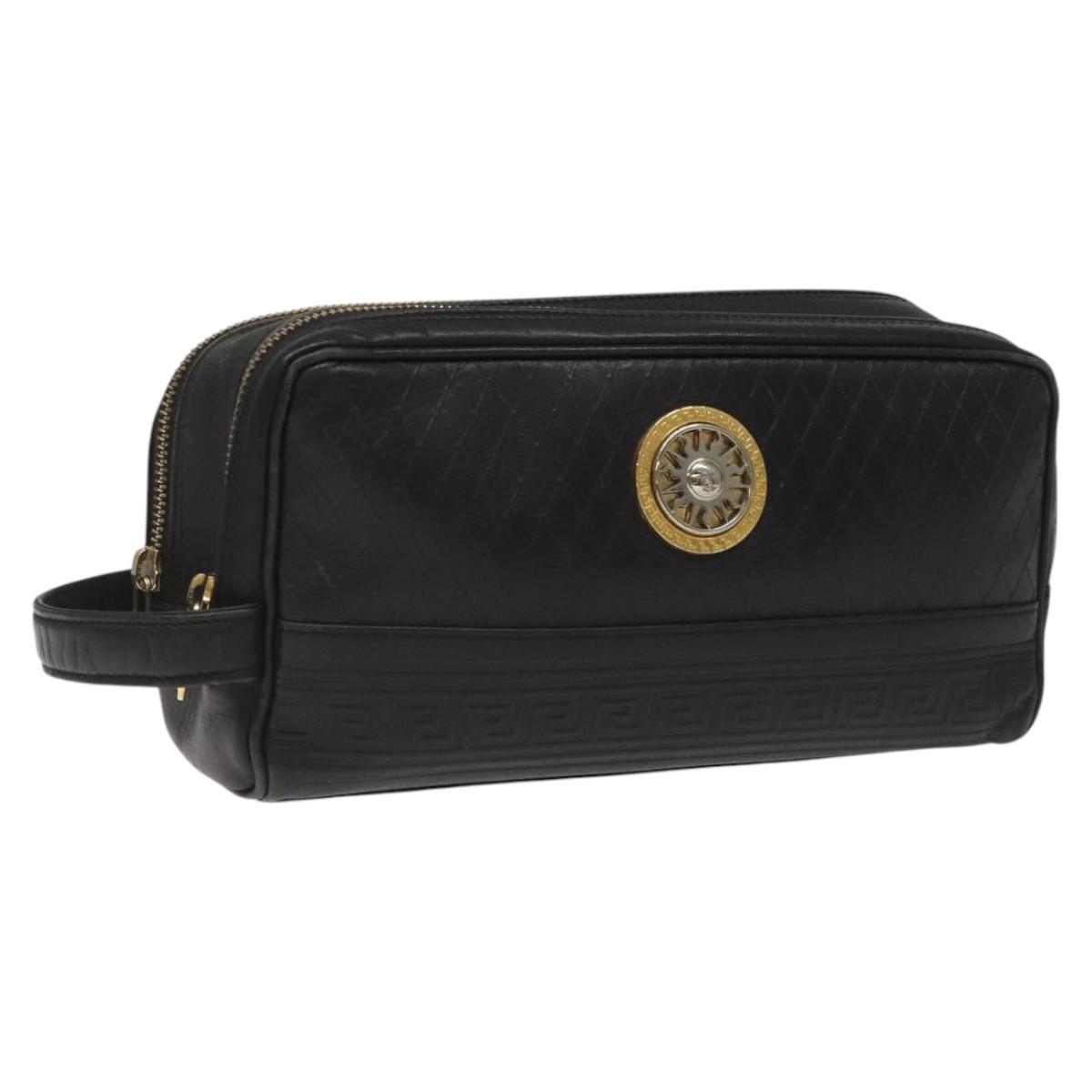 Gianni Versace Clutch Bag Leather Black Gold Auth My181
